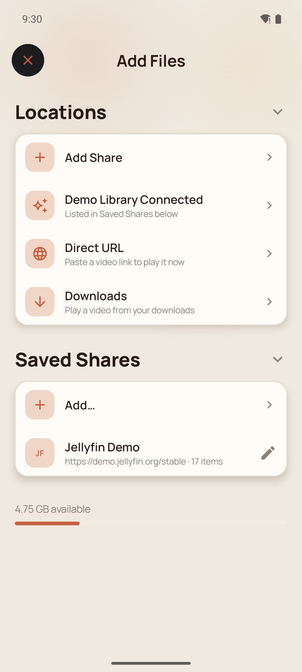 The Add Files screen with Locations and Saved Shares sections.