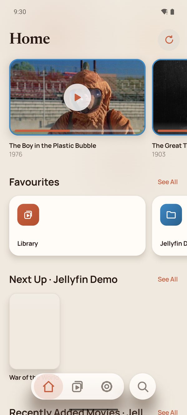 Home screen populated with titles from the Jellyfin demo library.