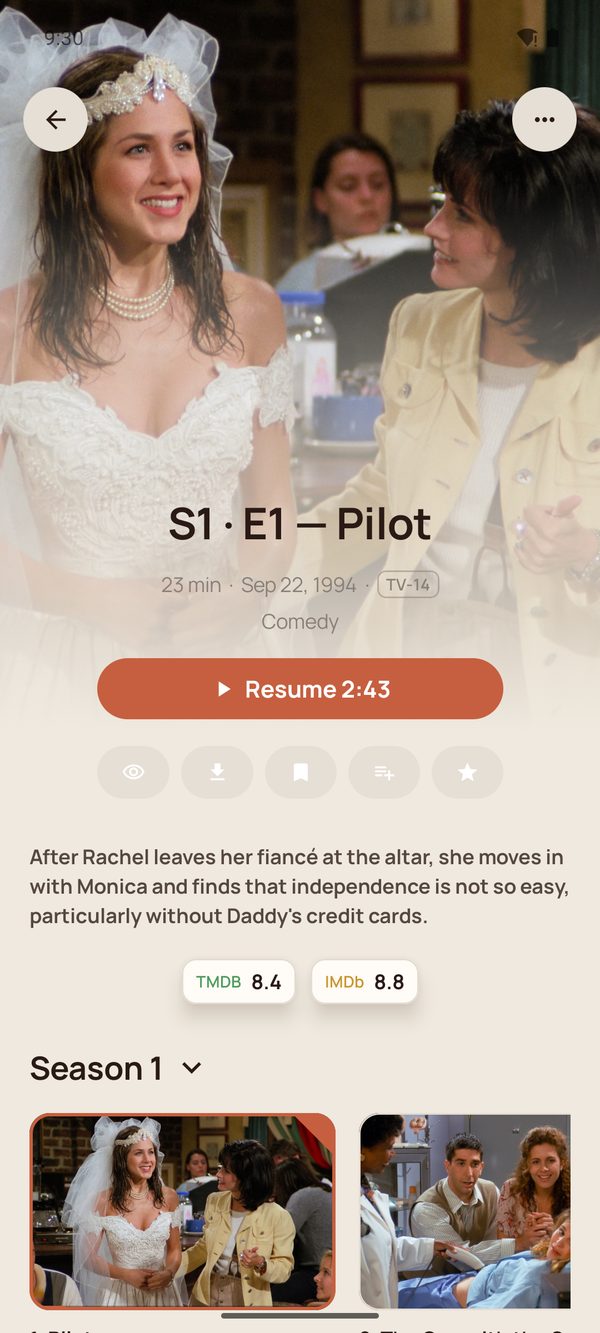 An episode page whose Play button now reads Resume 2:43.