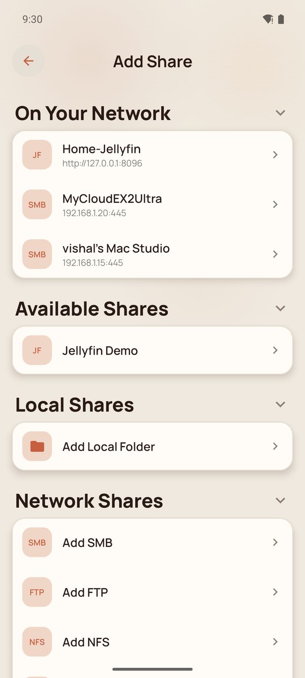 The Add Share screen listing servers discovered on the local network.