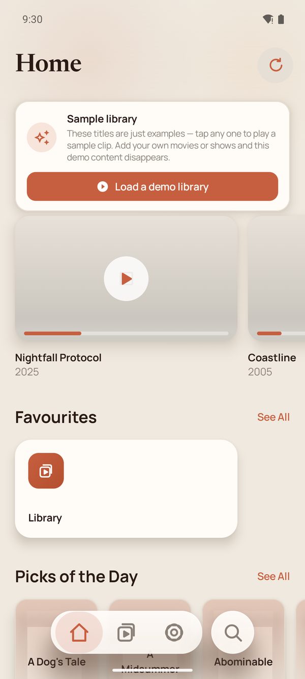 Ultimate Player on first launch, showing a sample library and a Load a demo library button.