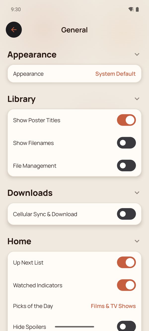 General settings — appearance, library, downloads and home options.