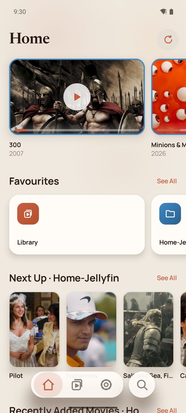 Home screen showing the user's own library with a Continue Watching row.