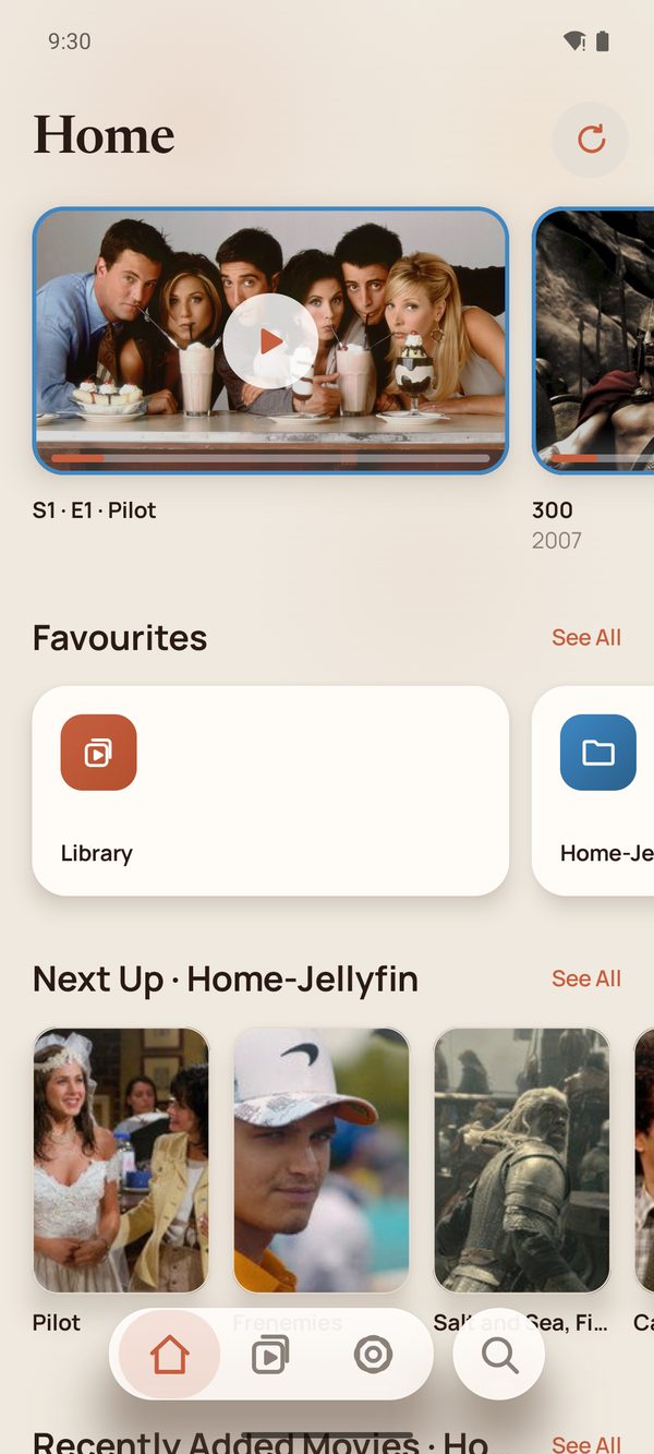 The Home tab with a Continue Watching hero row and content rows.