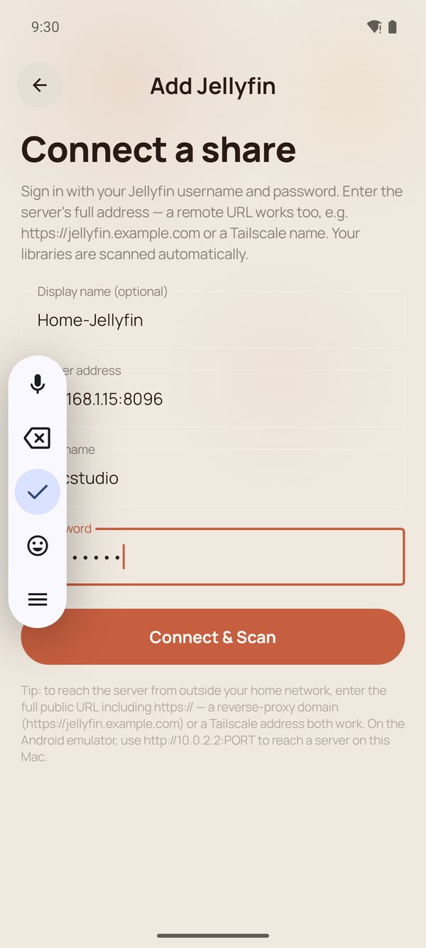 The connect form completed with username and password, ready to connect.