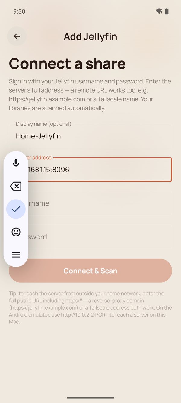 The Jellyfin connect form with the display name and server address filled in.