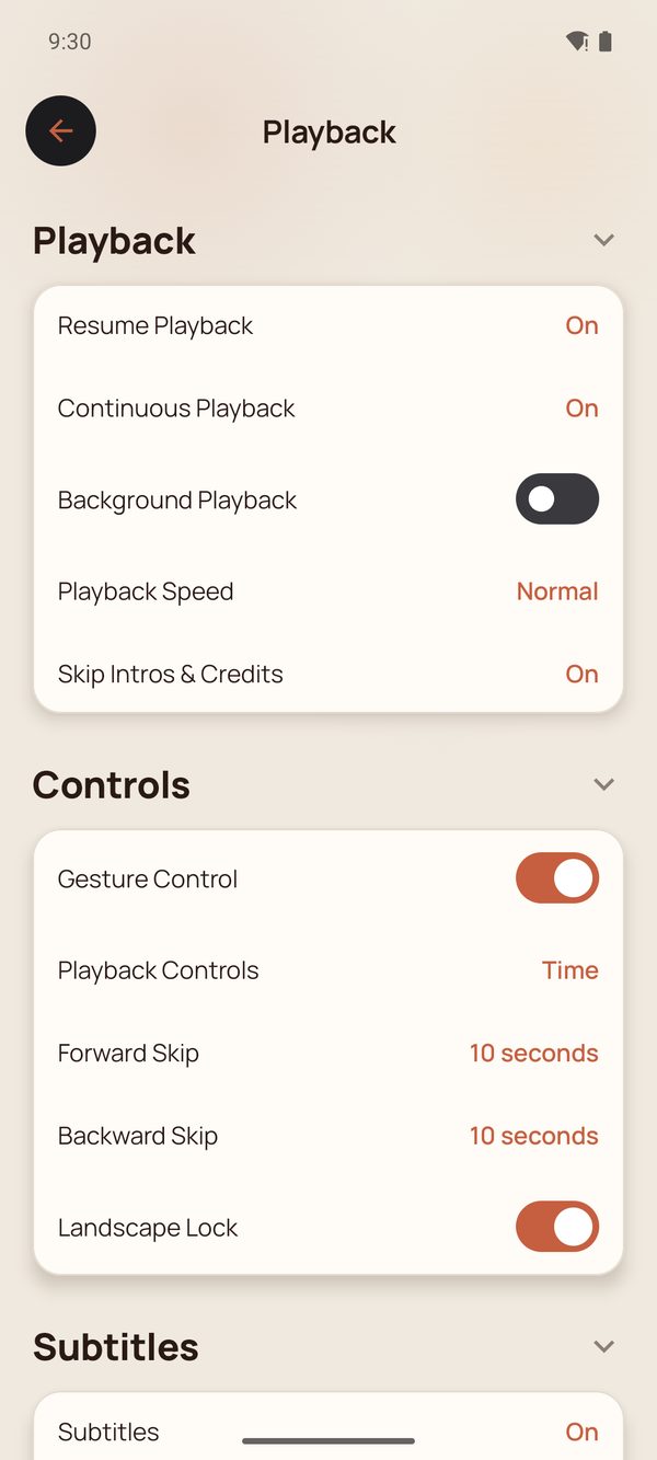 Playback settings — resume, continuous playback, speed, skip lengths and gesture control.