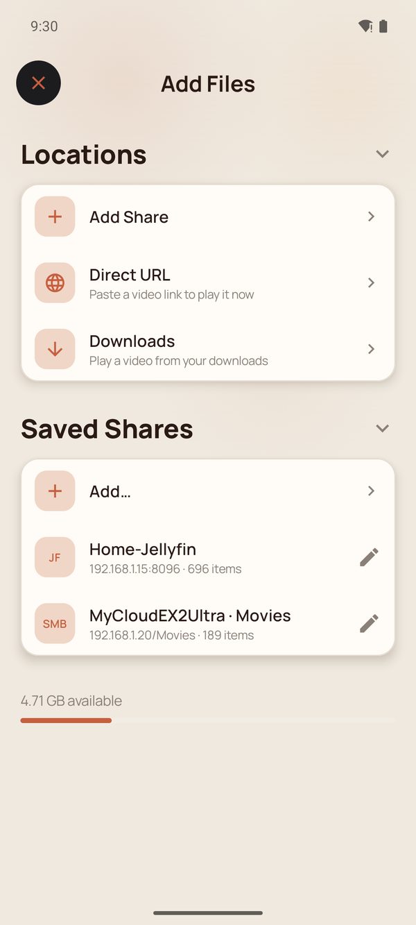 Saved Shares listing a Jellyfin server and an SMB share with their addresses and item counts.