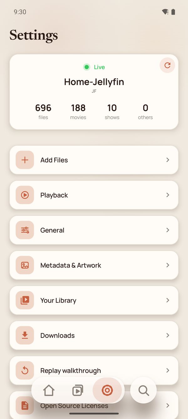 The Settings tab showing a live status card for the connected Jellyfin server.