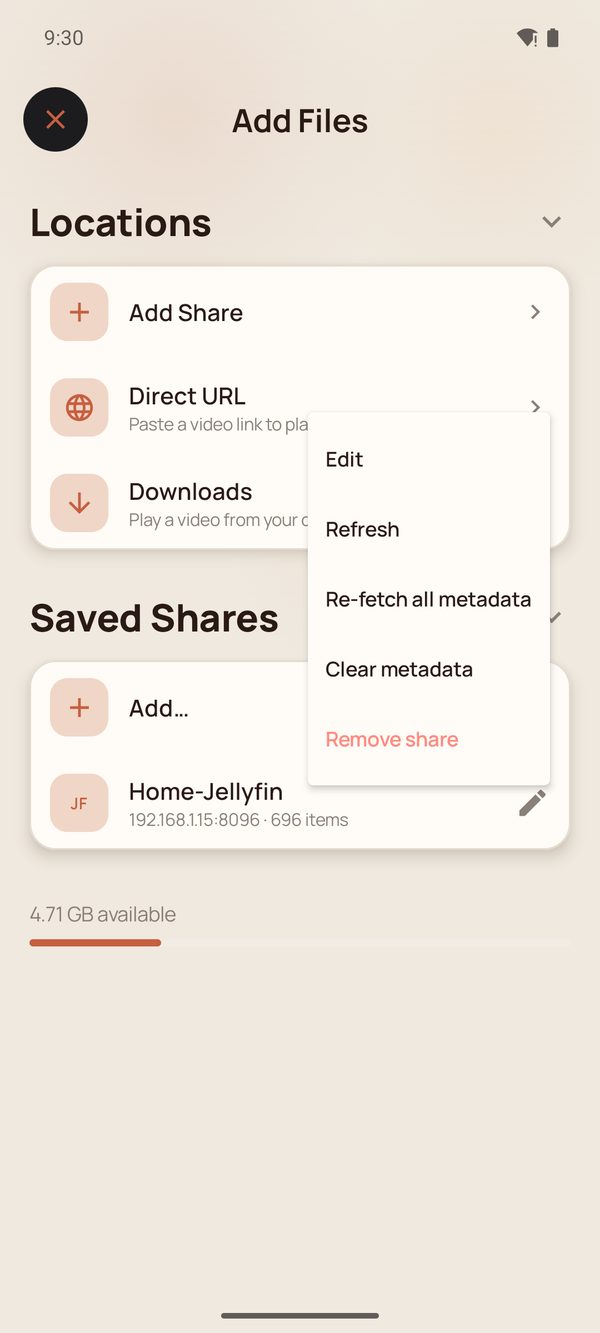 The share actions menu with Edit, Refresh, Re-fetch all metadata, Clear metadata and Remove share.