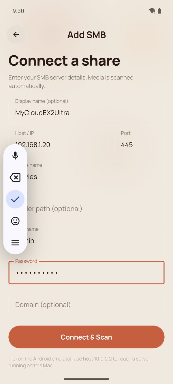 The SMB form completed with host, share name and credentials.