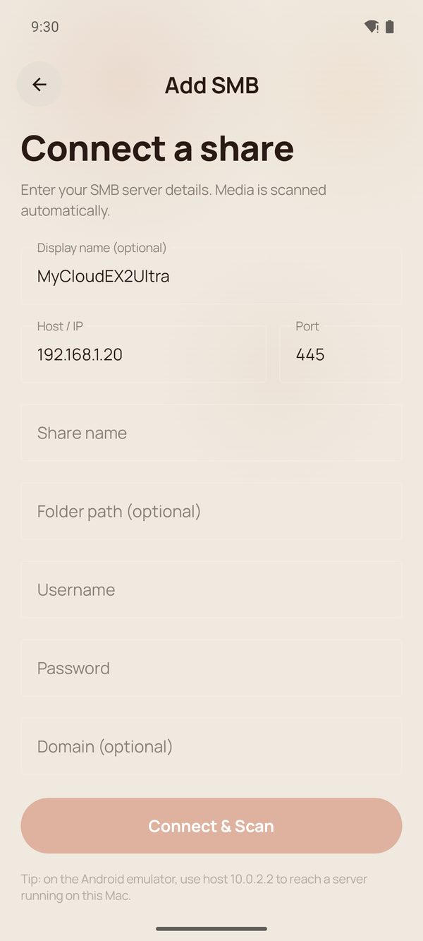 The Connect a share form for SMB, with host and port pre-filled from discovery.