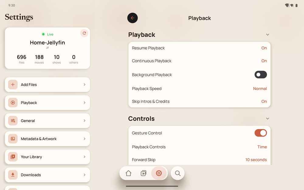 Settings on a tablet showing the section list on the left and Playback open on the right.
