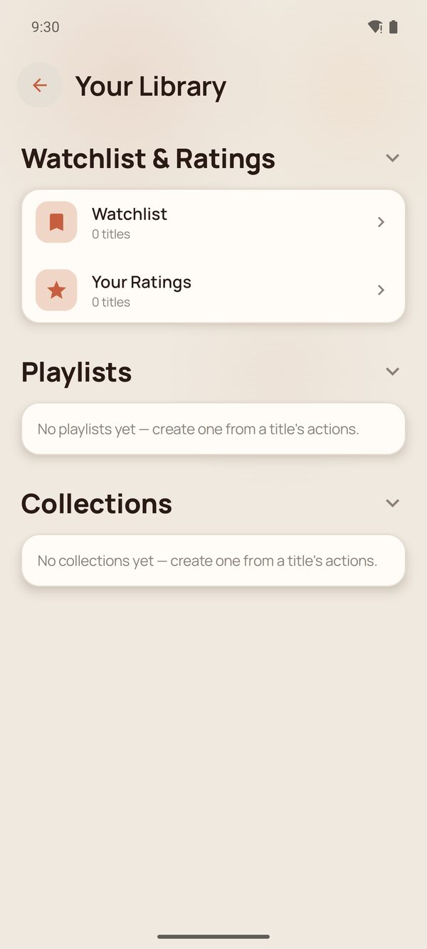 Your Library showing Watchlist and Ratings, Playlists and Collections.