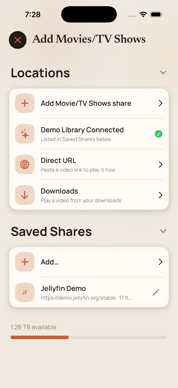 The Add Movies slash TV Shows screen with Locations and Saved Shares sections.