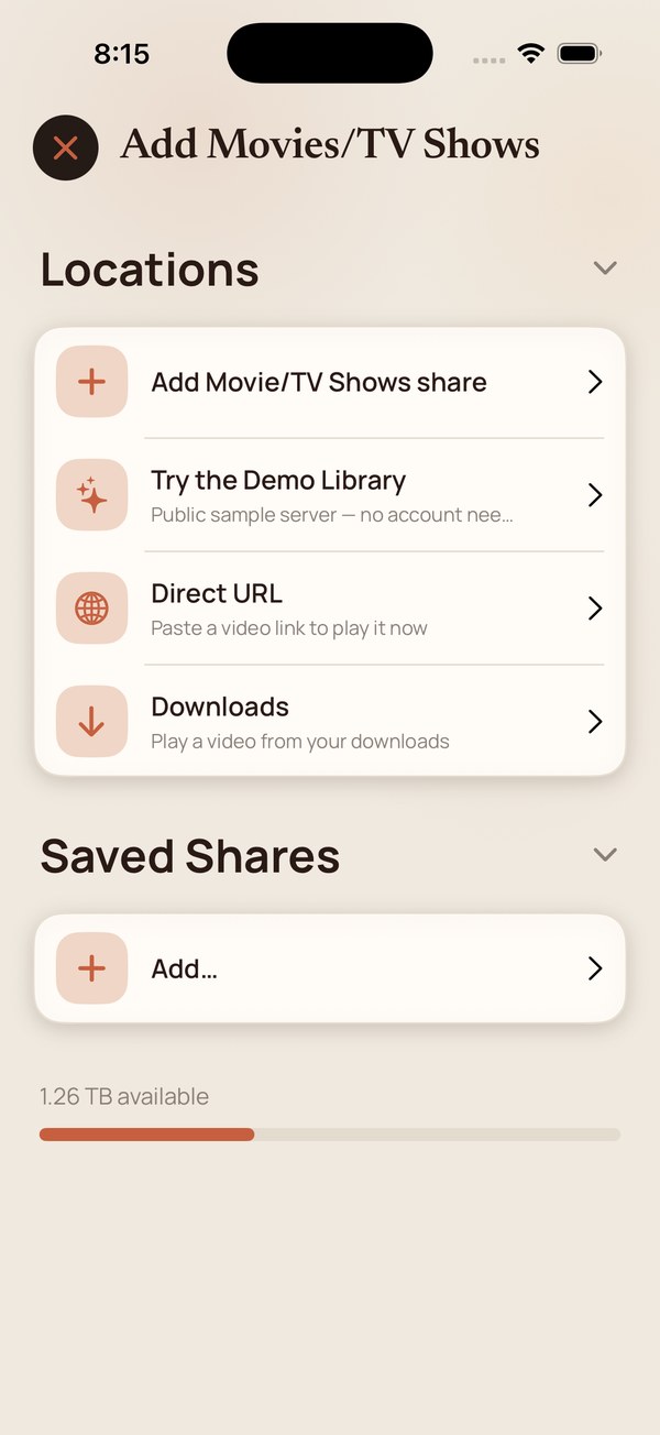 The Add Movies screen after removing the last source, with the demo library offer back.