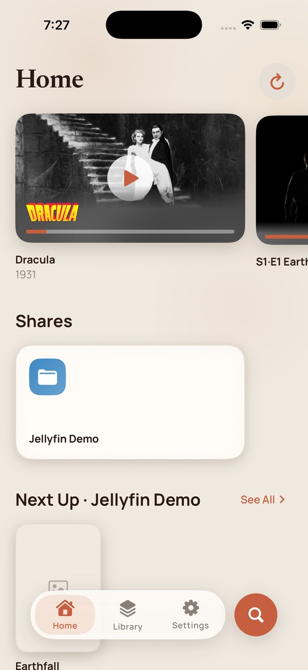 Home screen populated with titles from the Jellyfin demo library.