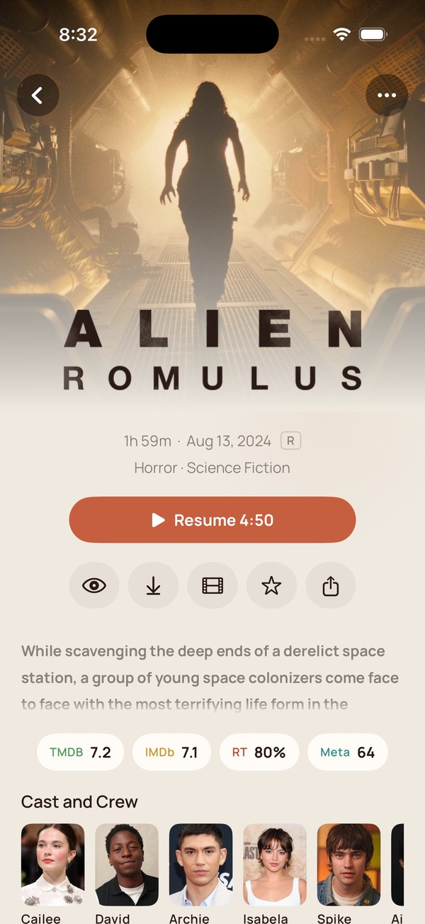 A detail page whose Play button now reads Resume 4:50.