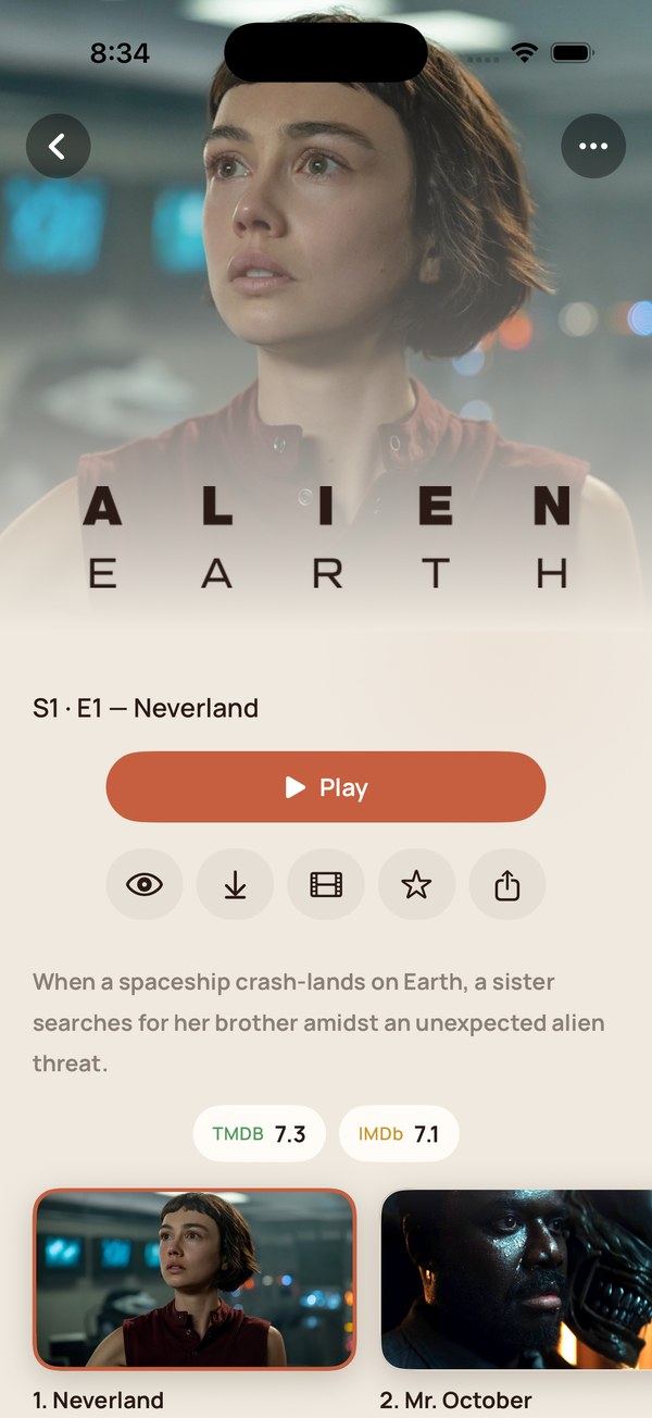 A TV series detail page with an episode carousel.