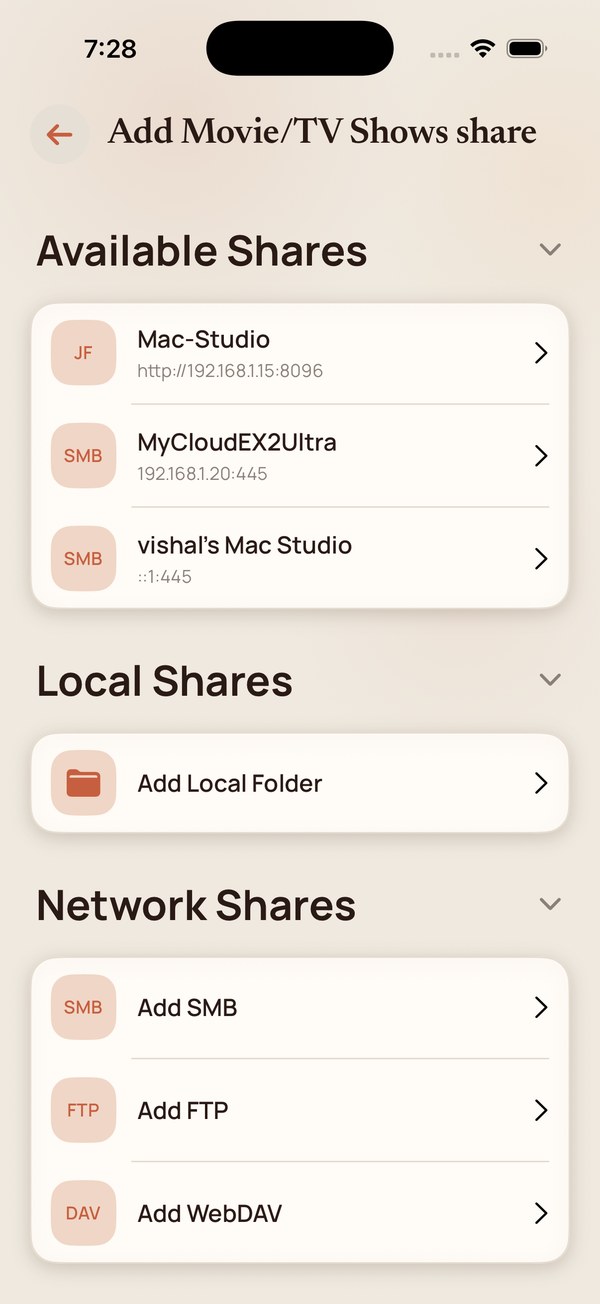 Available Shares listing discovered servers on the local network.