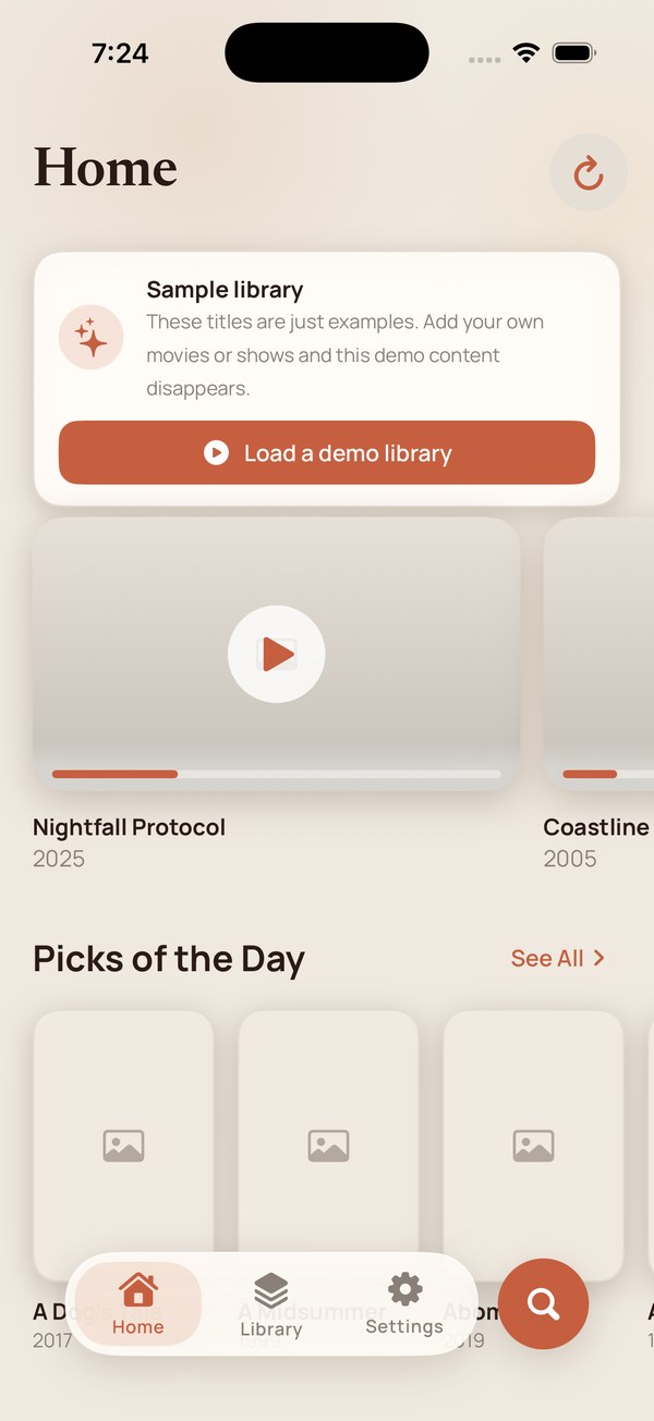 Ultimate Media Player on first launch, showing a sample library and a Load a demo library button.