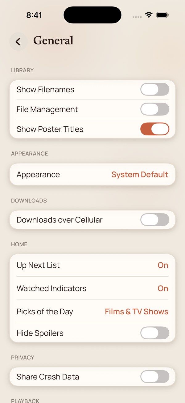 General settings — library, appearance, downloads, home and privacy.