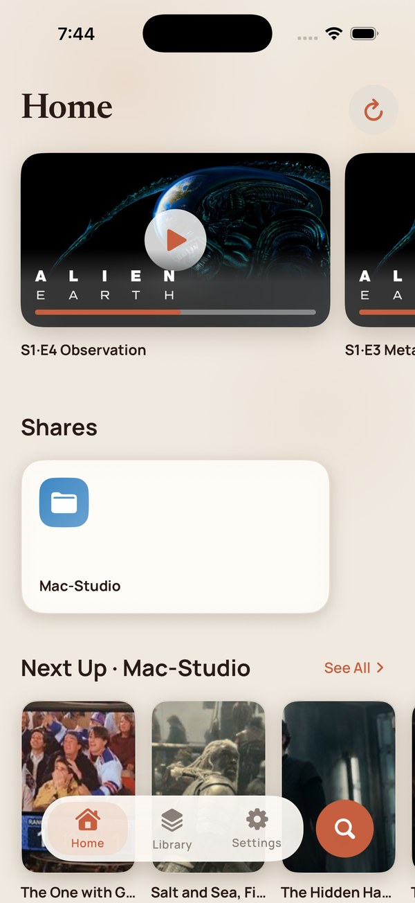 Home screen showing the user's own library with a resume row.