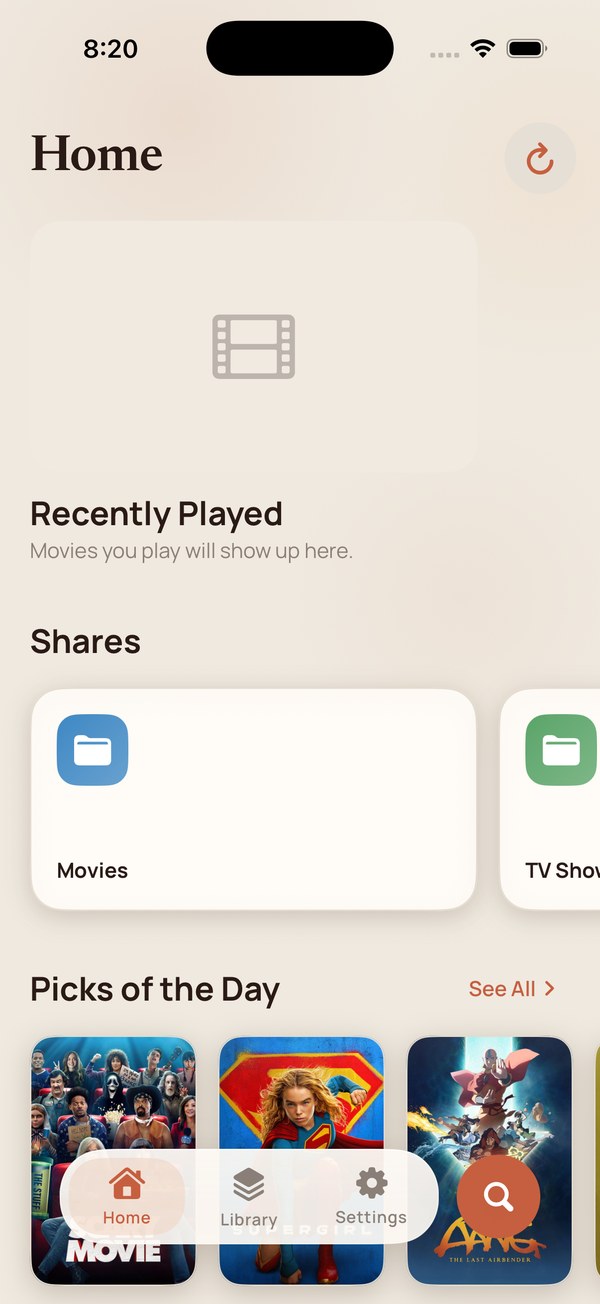 The Home tab with a Continue Watching hero and content rows.