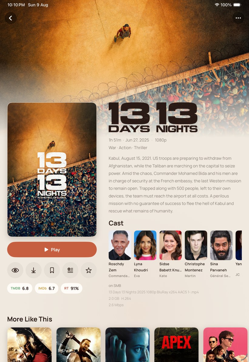 An iPad film detail page with poster and actions on the left, synopsis and cast on the right.
