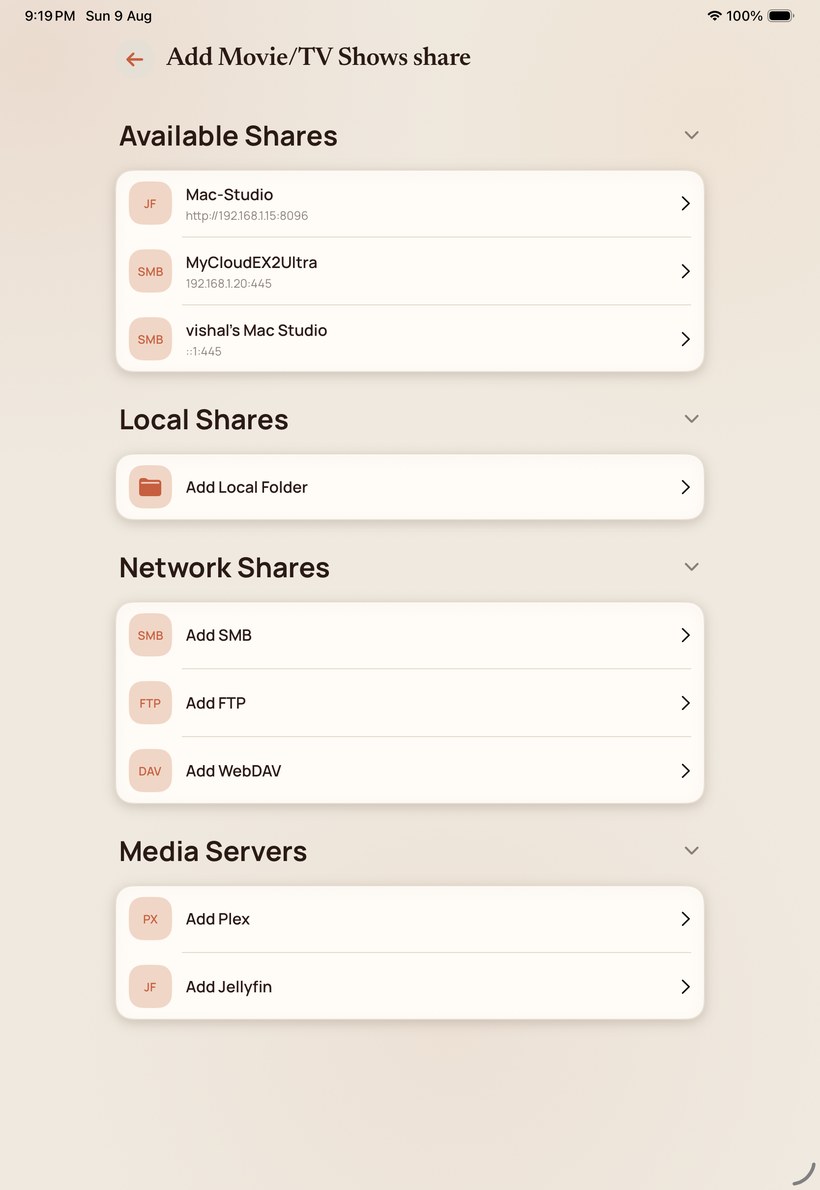 iPad discovery listing available shares, network shares and media servers.