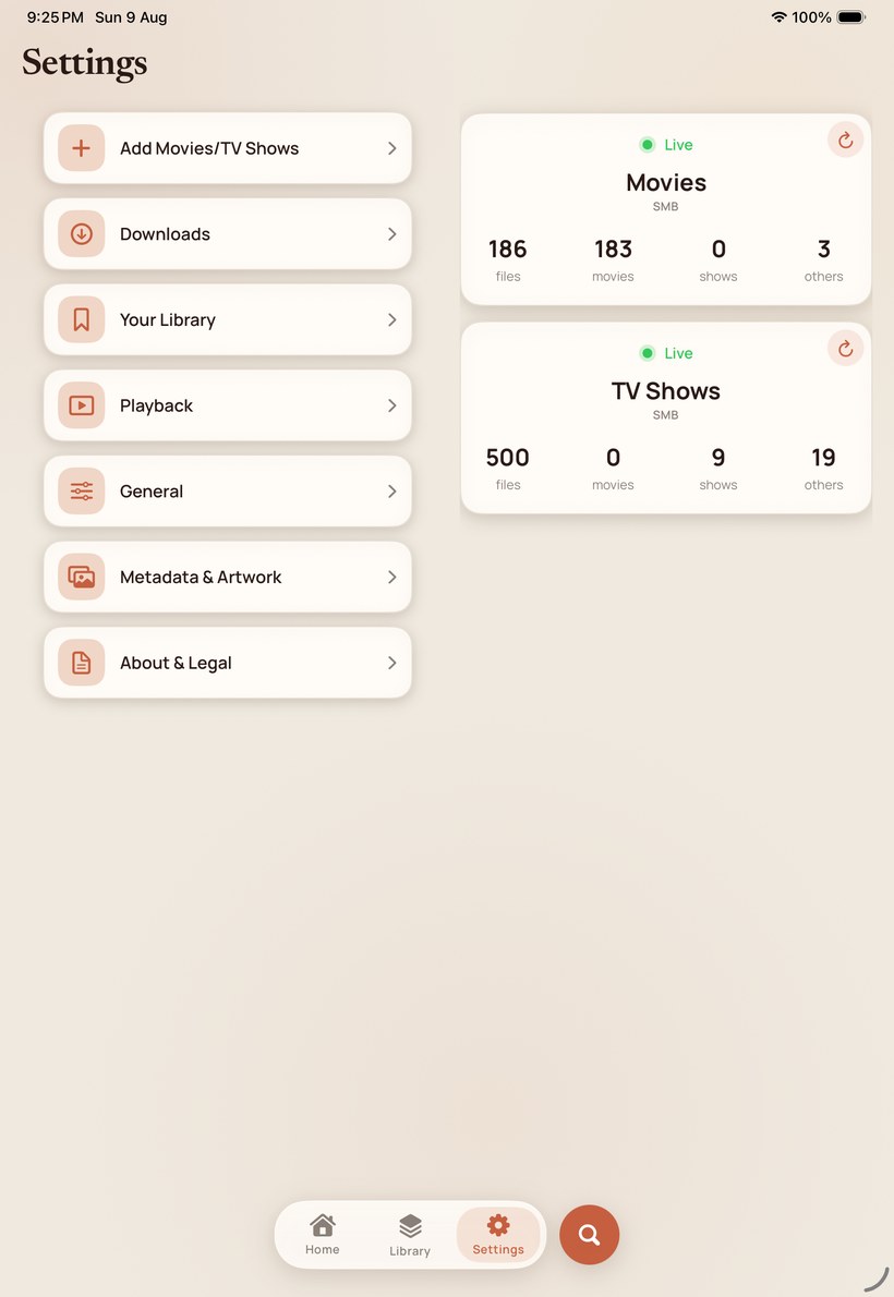 iPad Settings showing categories on the left and live source cards on the right.