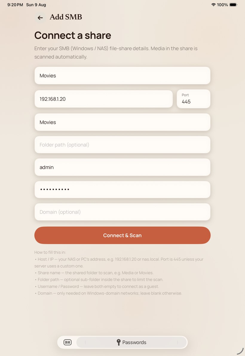 The iPad SMB form completed, with inline help explaining each field.