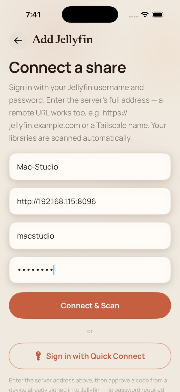 The connect form completed with username and password, Connect and Scan enabled.