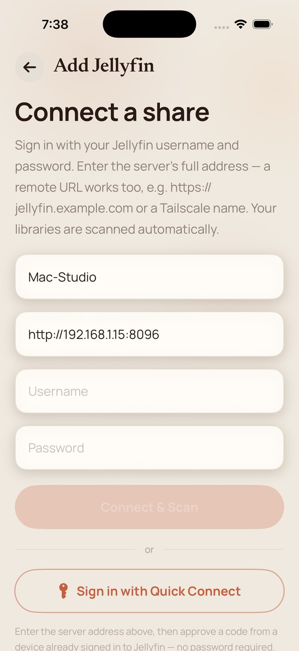 The Jellyfin connect form with the server address pre-filled from discovery.