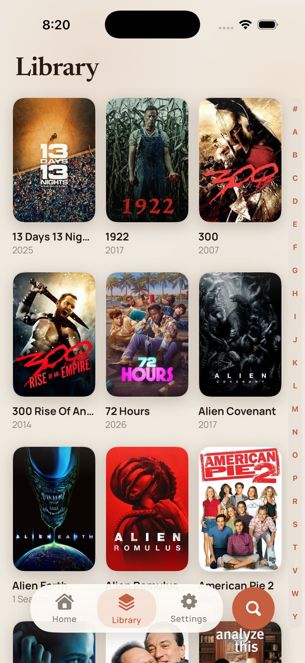 The Library tab showing a grid of film posters with an A to Z jump rail.