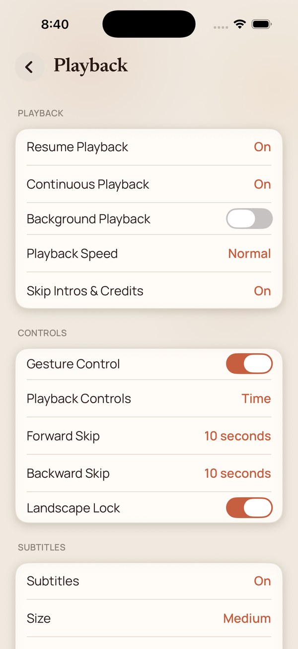 Playback settings — resume, continuous playback, speed and skip lengths.