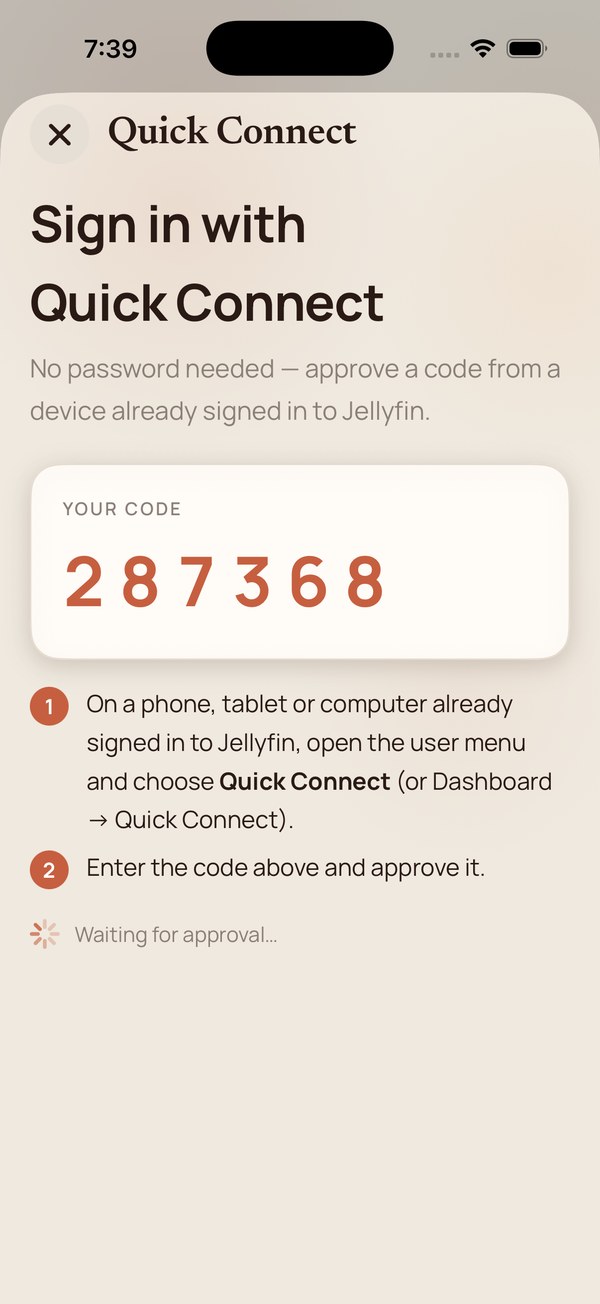 Quick Connect showing a six digit code awaiting approval.