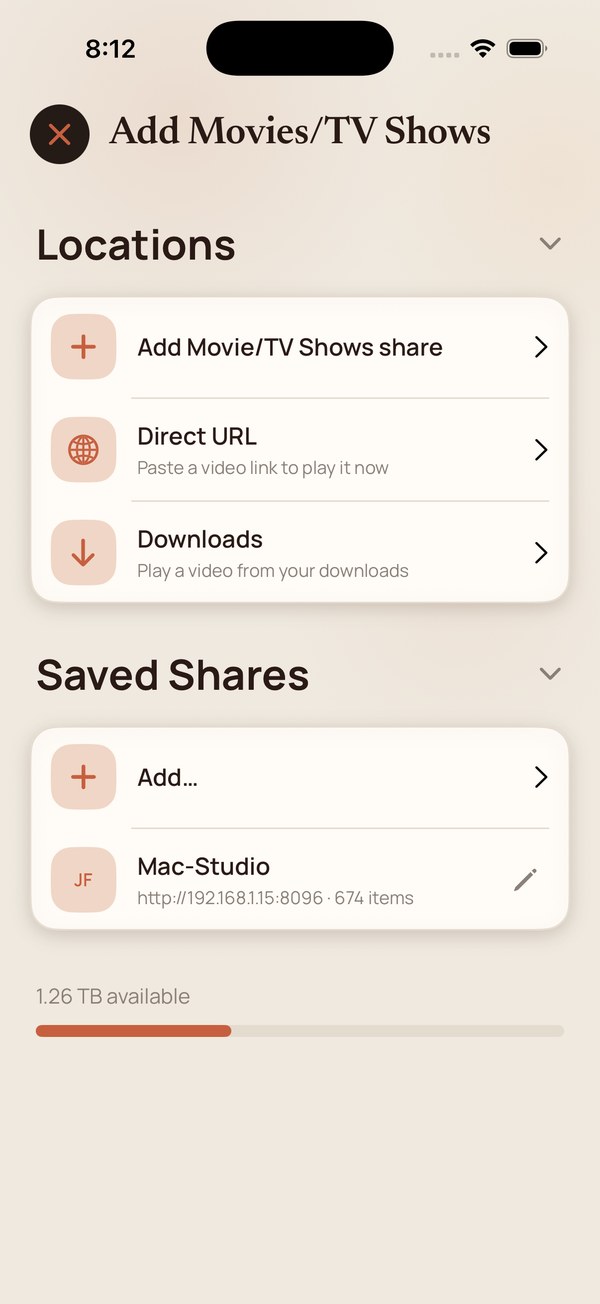 Saved Shares listing a connected media server with its address and item count.