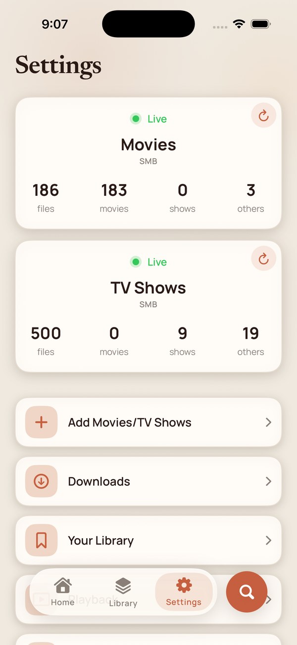 The Settings tab with two live source cards.