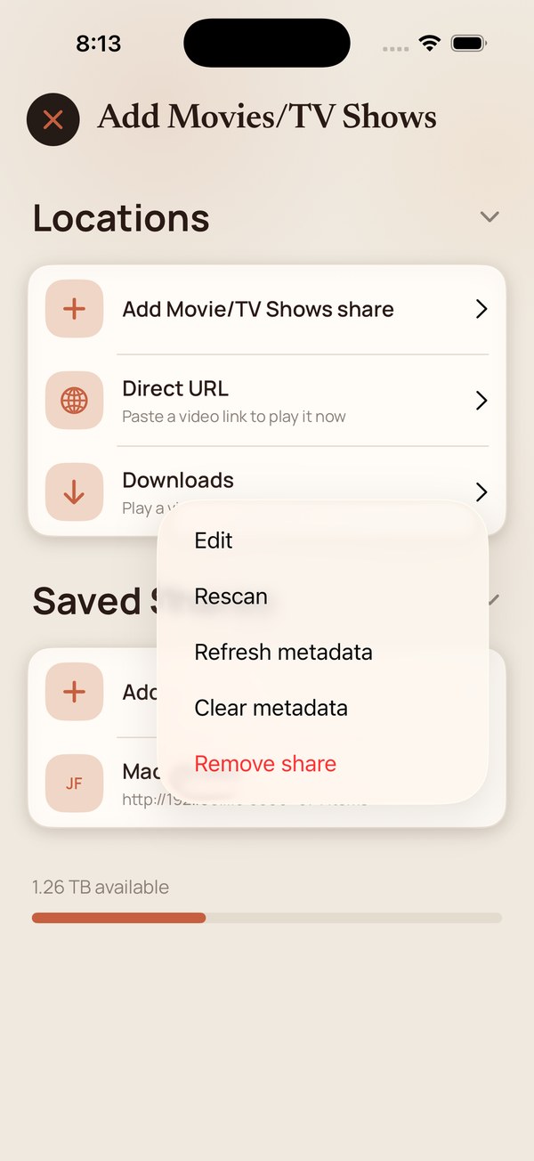 The share actions menu with Edit, Rescan, Refresh metadata, Clear metadata and Remove share.