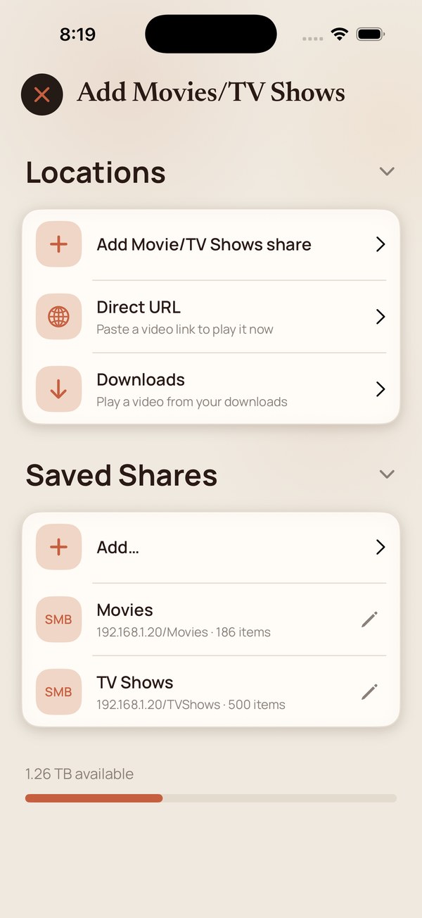 Saved Shares listing two SMB shares with item counts.