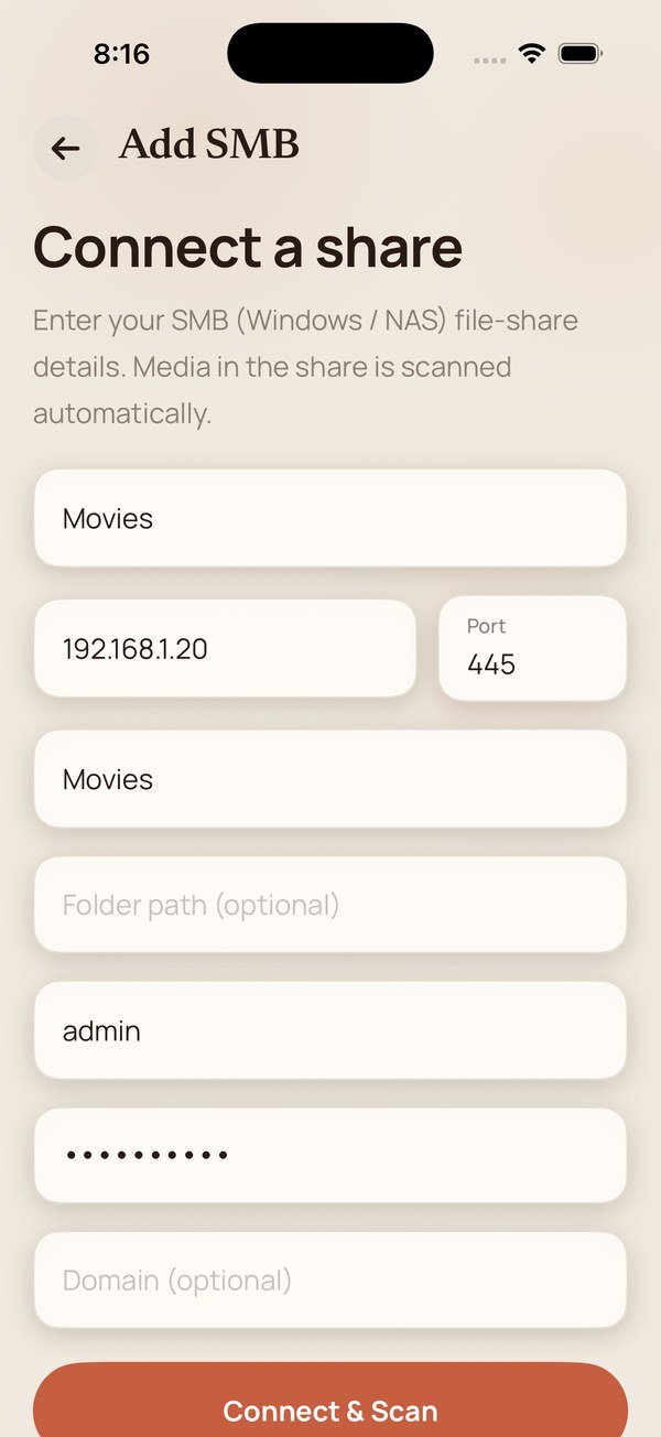 The SMB form completed with host, share name and credentials.