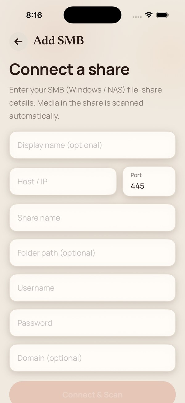 The empty Connect a share form for SMB.