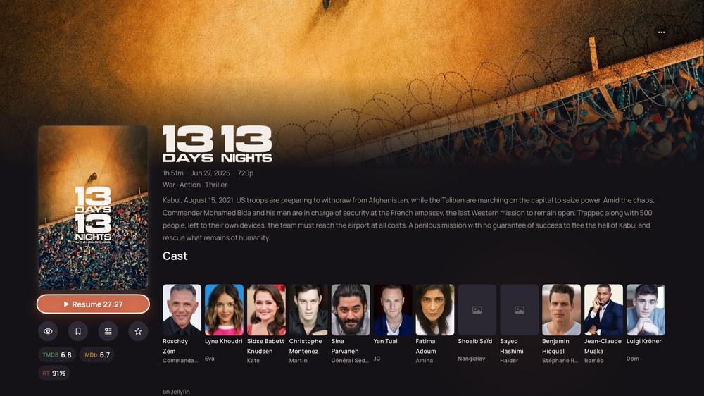 An Apple TV title page with poster and actions on the left and details on the right.
