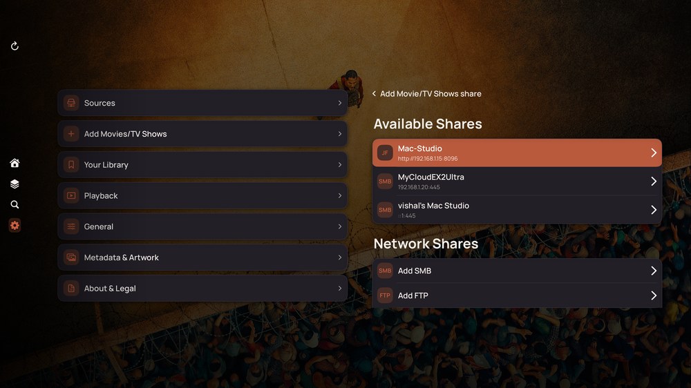 Apple TV discovery listing available shares and network share options.