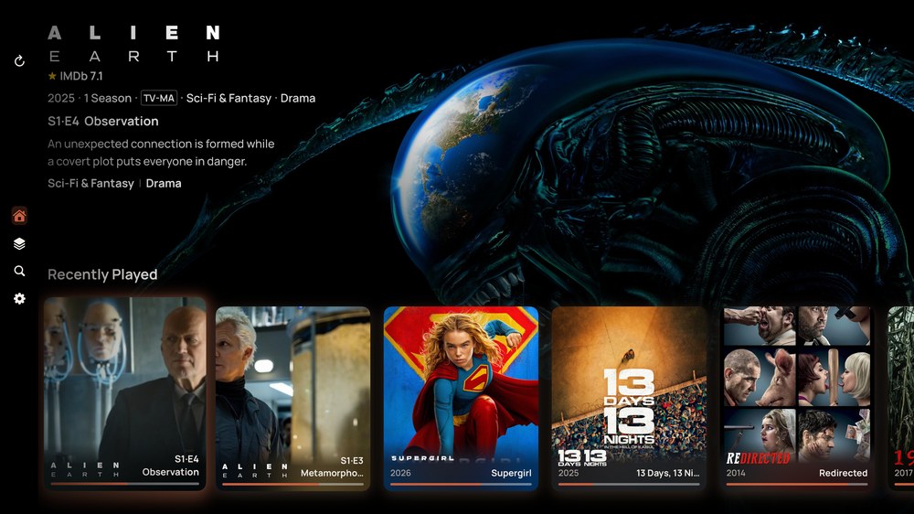 Apple TV Home with a full-screen backdrop, title details top-left and a row of cards along the bottom.