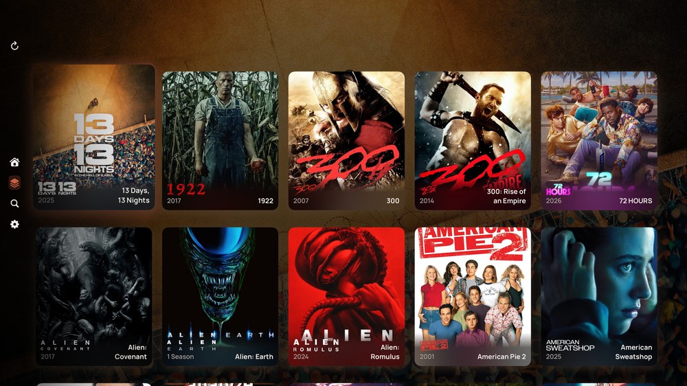 The Apple TV library as a grid of film posters.
