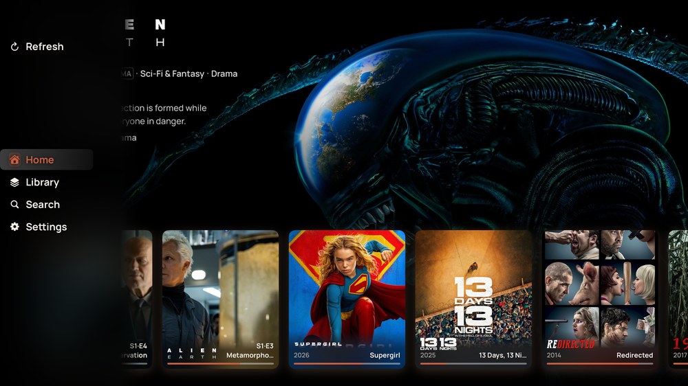 The Apple TV navigation rail expanded over the page, showing Refresh, Home, Library, Search and Settings.