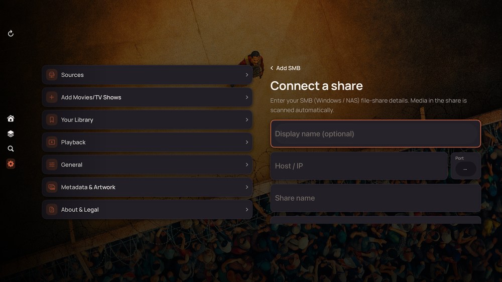 The Connect a share form on Apple TV with the first field focused.