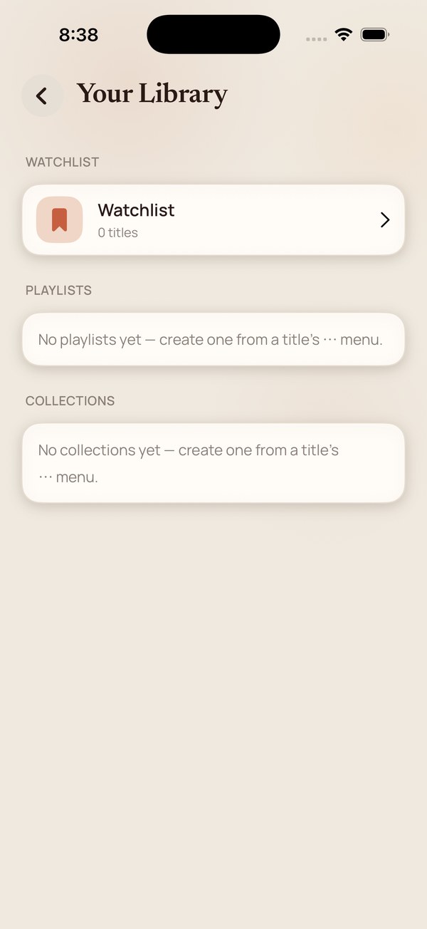 Your Library showing Watchlist, Playlists and Collections.